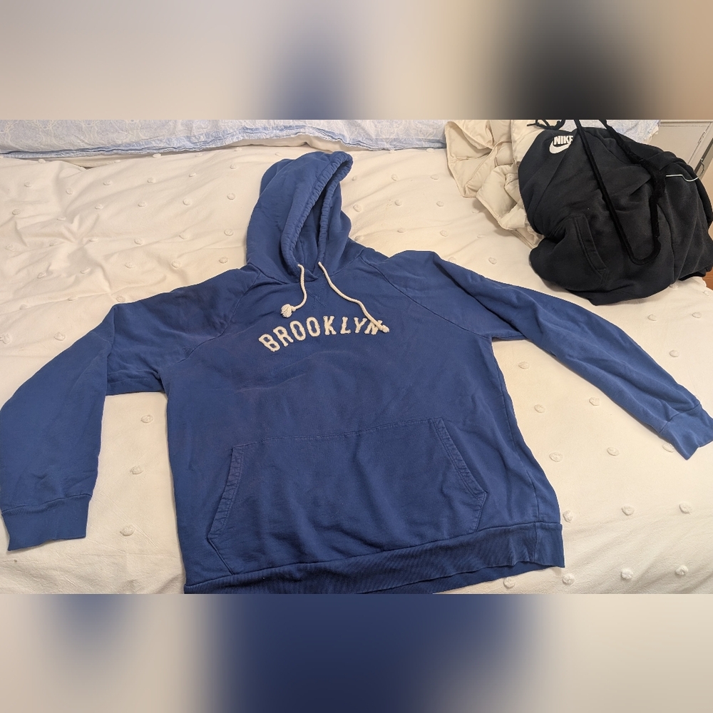 Ebbets Field Flannels Blue Hoodie with White Drawstrings